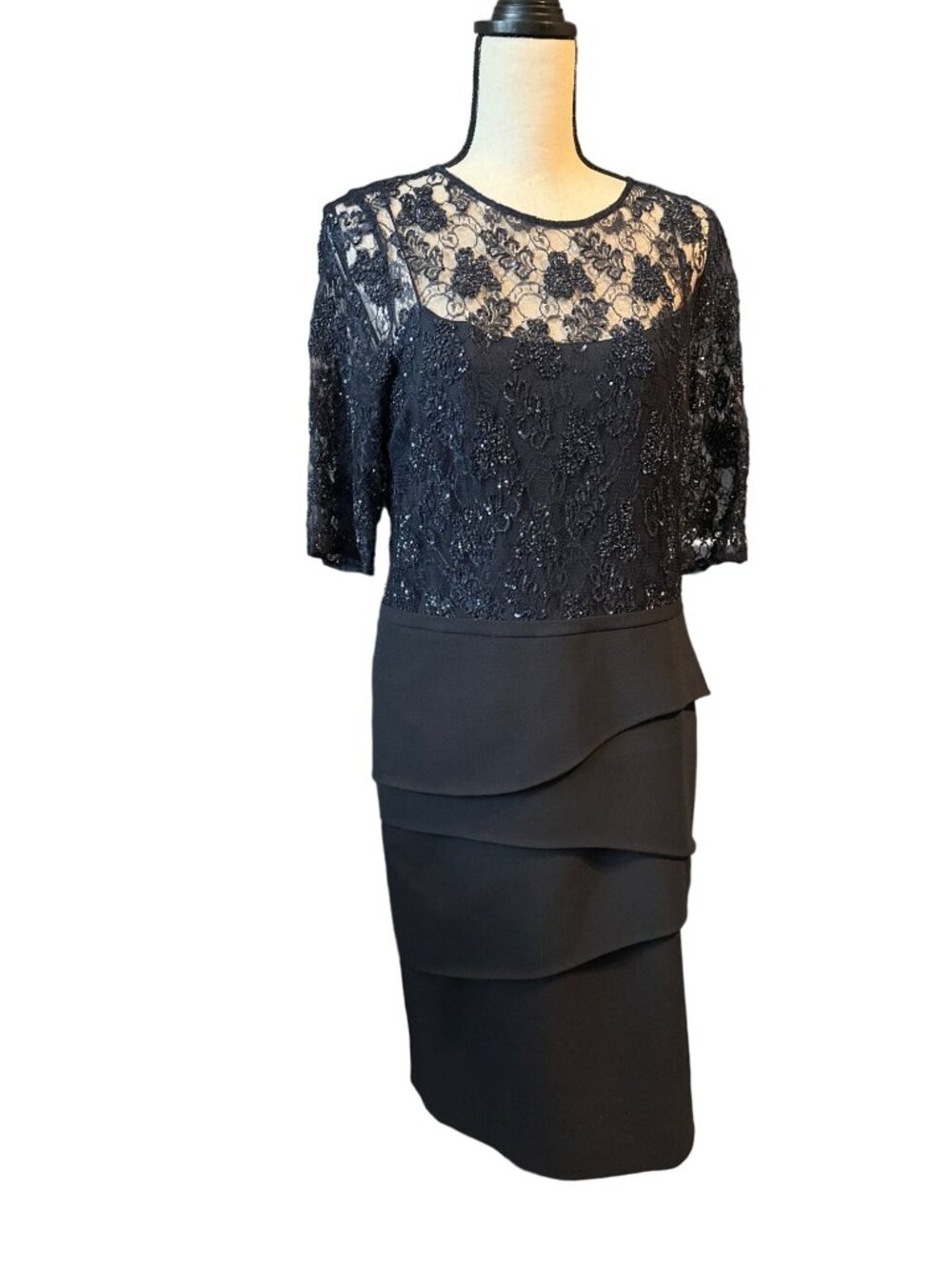rickie freeman Navy Lace Dress Teri Jon Bateau Neckline Knee-Length Beading  14